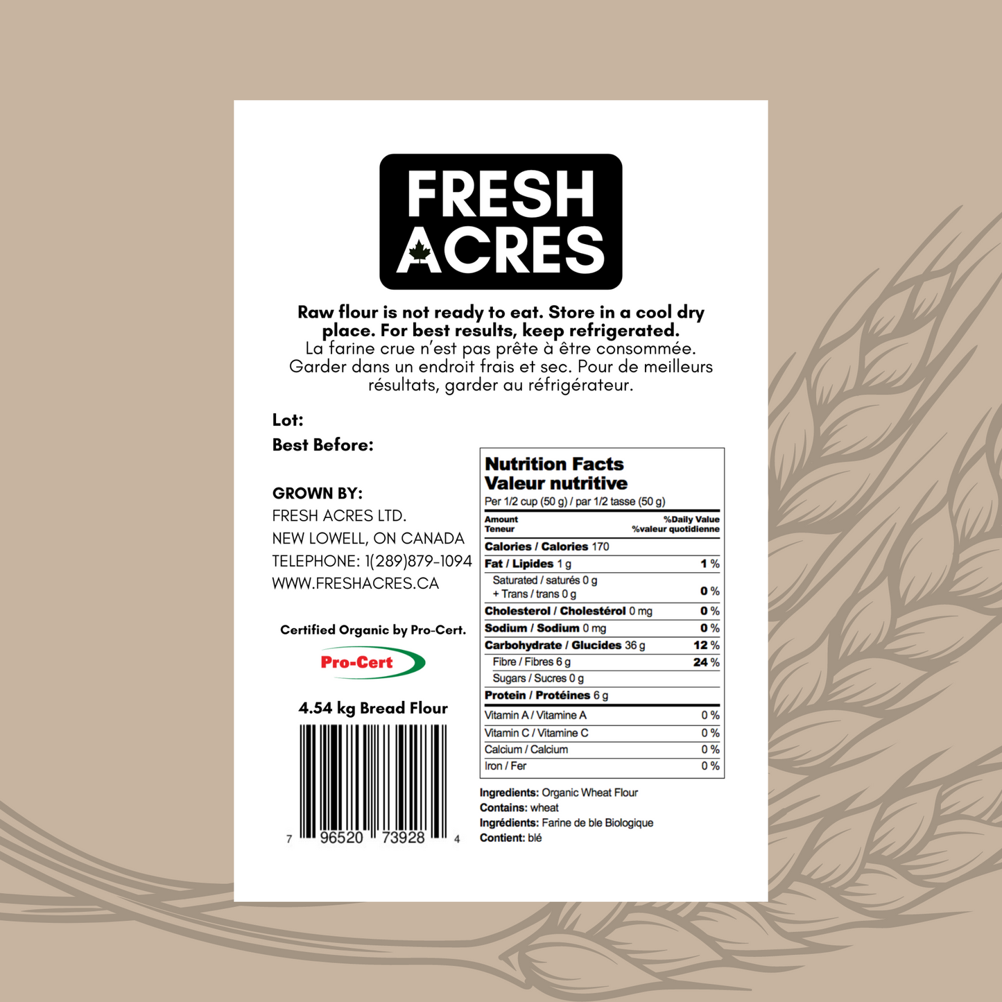 Organic Bread Flour Canadian Grown Fresh Acres Hard Red Spring Wheat