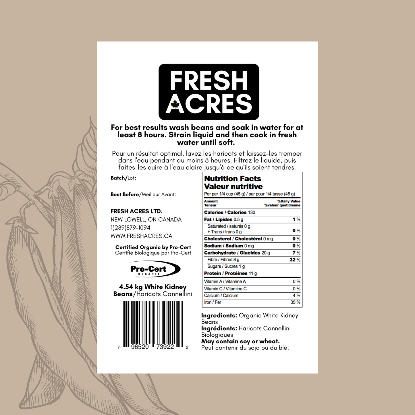 Fresh Acres bean label with nutritional information and ingredients on a beige background
