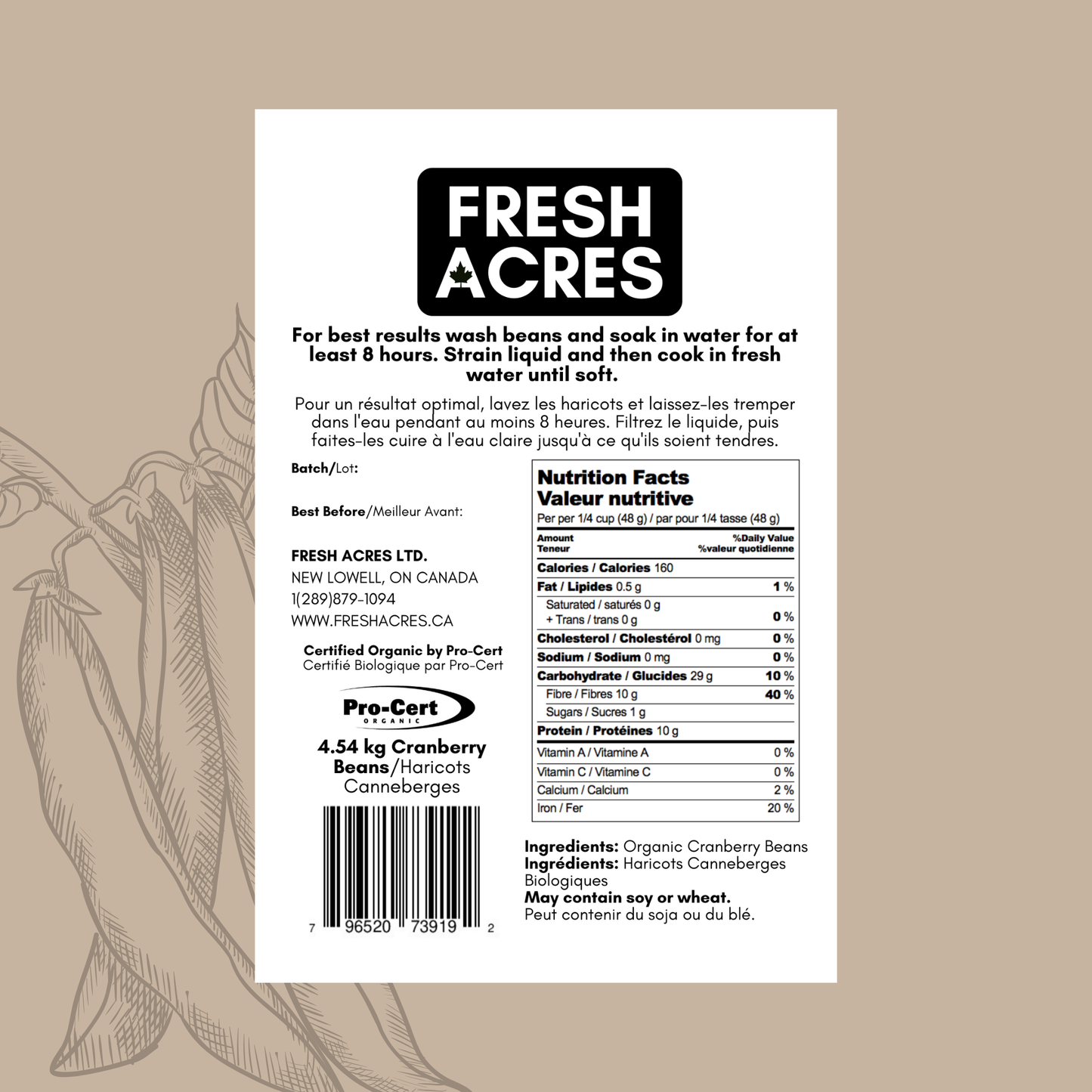 Fresh Acres cranberry label with nutritional information and ingredients on a beige background