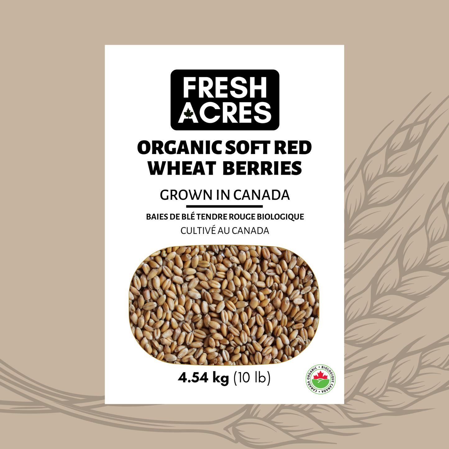 Package of Fresh Acres Organic Soft Red Wheat Berries on a beige background