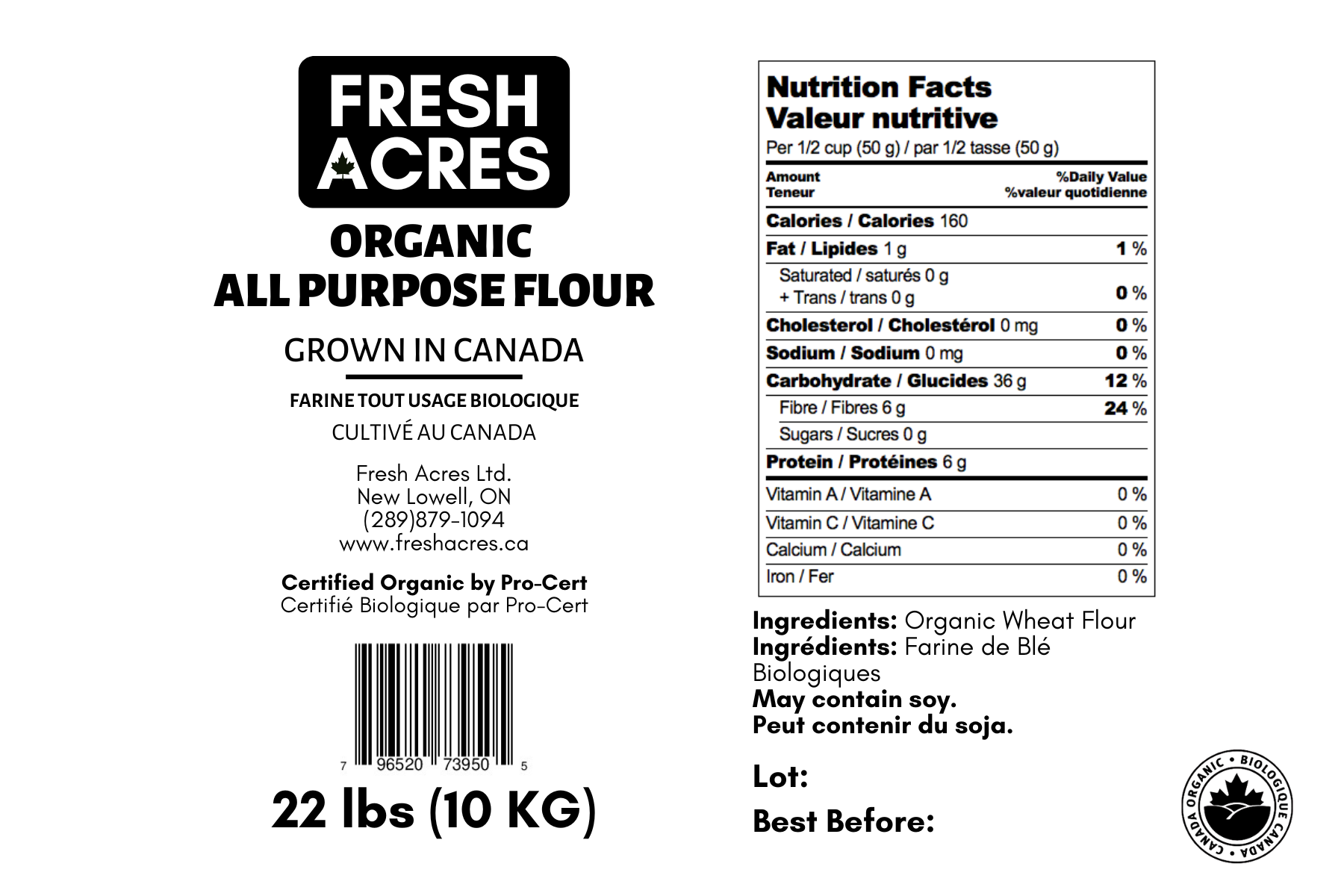 Label for Fresh Acres Organic All Purpose Flour with nutritional facts and certification details.