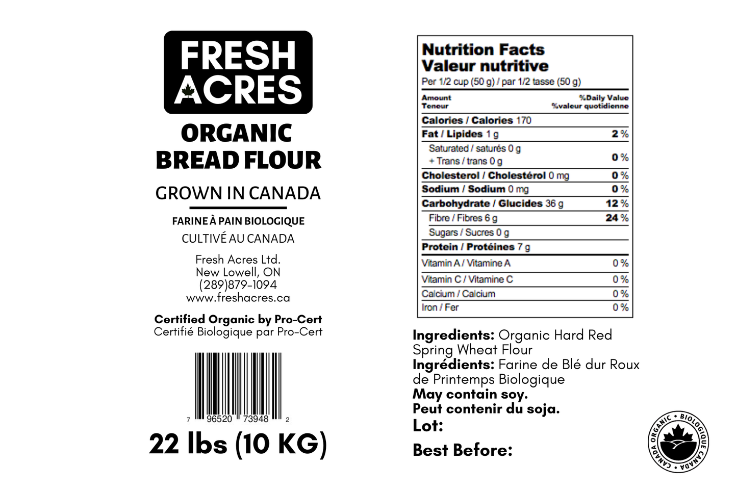 Label for Fresh Acres Organic Bread Flour with nutritional facts and certification details.