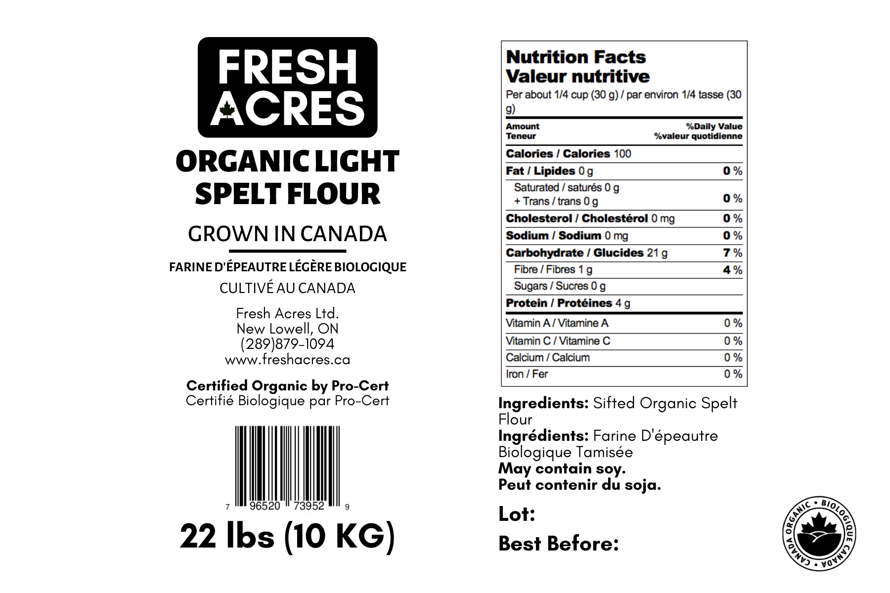 Label for Fresh Acres Organic Light Spelt Flour with nutritional information and certification details.