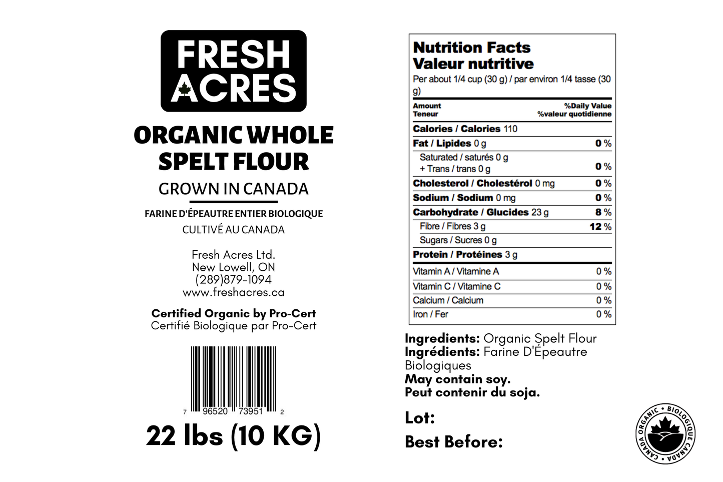 Label for Fresh Acres Organic Whole Spelt Flour with nutritional information and branding details.